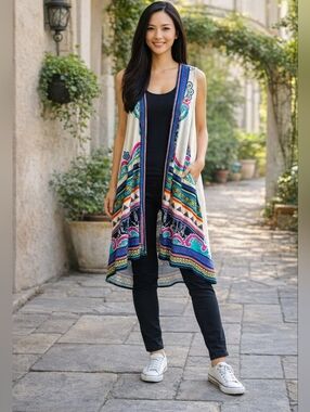 Buckle Flying Tomato Pink and Blue Boho Duster Vest